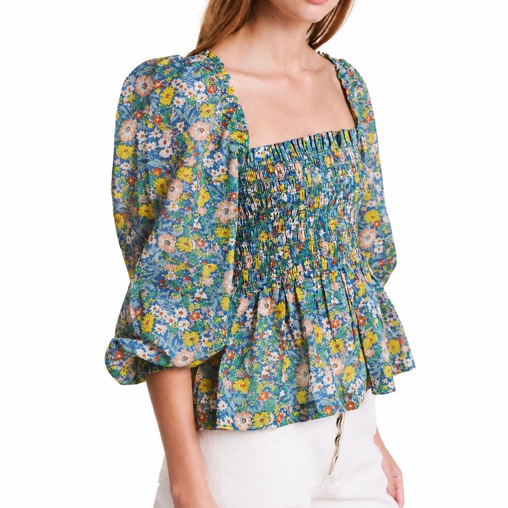 Trovata Birds of Paradis Alize Floral Smocked Cotton Blouse NWT Large